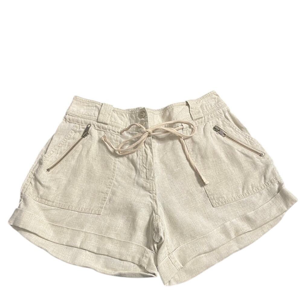 STEM 100% Linen Zip Fly Button Belted Shorts Small Zip Pockets Elastic Waist Tan